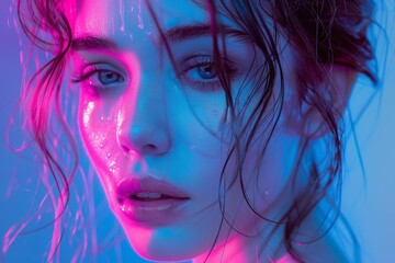 Fototapeta premium Beauty portrait of a young woman with wet hair posing under colorful neon lights, showcasing futuristic beauty trends