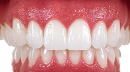 Close up of healthy white teeth showing receding gums, indicating potential gum disease, isolated on transparent background, perfect for dental and healthcare marketing