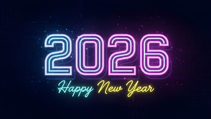 Neon Blue & Purple Outline 2026 - Glowing Cyberpunk Text, Futuristic Tech Background, Nightlife Celebration, Digital New Year & Modern Art