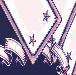 Vintage Pink Star and Ribbon Banner Graphic with Retro Comic Style Elegant Decorative Frame with Shimmering Stars and Flowing Silk Ribbons Abstract Celebration Illustration with Pink Accents 