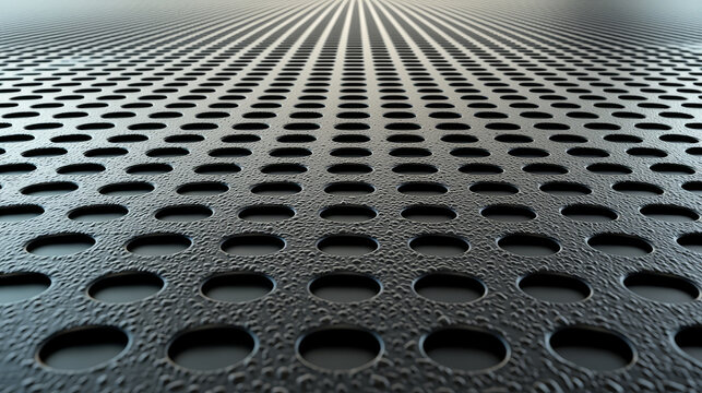 Matte black anodized aluminum sheet with precise grid pattern creates futuristic and sleek appearance. surface features evenly spaced circular perforations, adding depth and texture