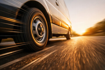 Delivery van tire motion at sunset showing e commerce logistics optimization ai driven route and speed concept with warm light and blurred road for efficient transport