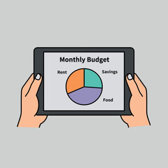 Vector illustration of hands holding a digital tablet displaying a monthly budget pie chart with rent, food, and savings. Concept of personal finance and money management