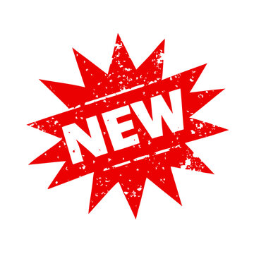 Vibrant red starburst symbol with bold new text indicating a product update