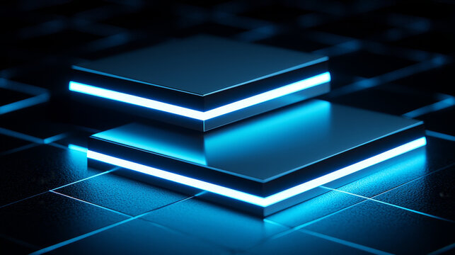 Sleek black tabletop with glowing blue edges on grid pattern background, creating futuristic and modern aesthetic. smooth surface and vibrant lighting evoke sense of innovation