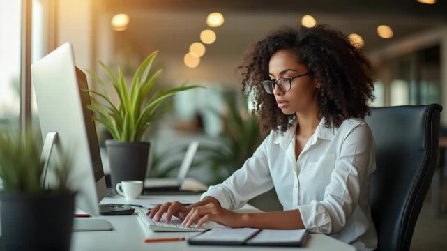 Confident young African American woman in glasses working on computer at modern office desk with plants, taking notes, and concentrating on her business tasks in a well-lit workspace.