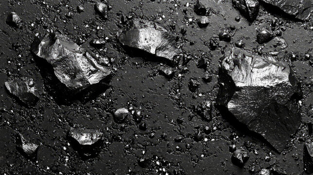 Shiny black rocks scattered on textured surface create striking contrast with rough background, evoking sense of mystery and intrigue
