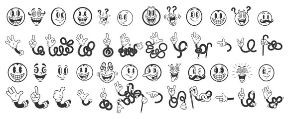 Fototapeta premium Retro Cartoon Comic Faces Set, Classic Animation Style Smiling Emoticon Kit with Gloves and Arms.