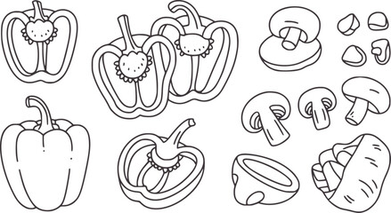 Bell peppers and mushrooms line with cross sections