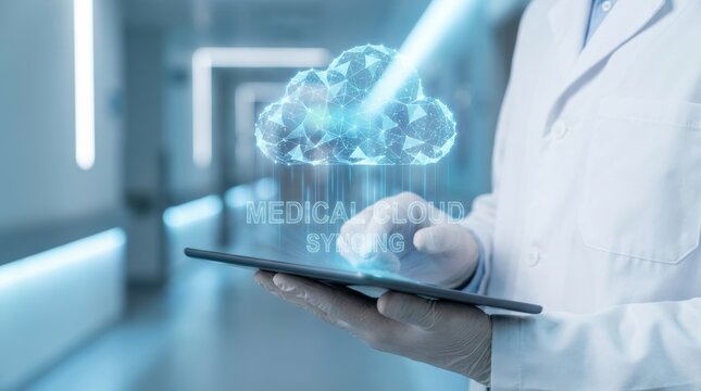 Doctor accessing medical cloud data syncing on digital tablet. Healthcare technology system managing electronic patient record. Virtual storage network for hospital information. - Powered by Adobe