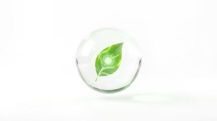 3D Render of Transparent Glass Orb Containing Green Leaf for Net Zero Carbon and ESG Sustainability Concept
