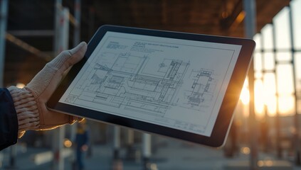 Close-up of a person's hand holding a digital tablet displaying architectural plans at a construction site