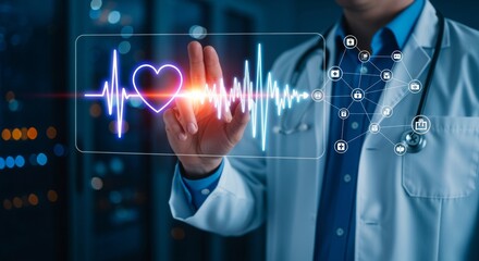 Doctor accessing digital healthcare technology interface with heart monitor. Virtual medical data system analyzing patient heartbeat. Smart cardiology innovation for hospital care.