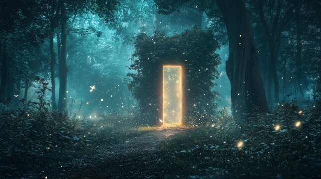 Mystical forest path leading to an ethereal glowing portal surrounded by