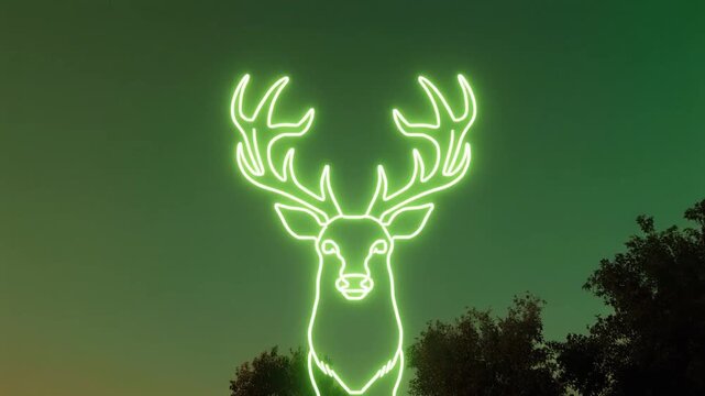 Neon green deer head with antlers against a green sky and trees.