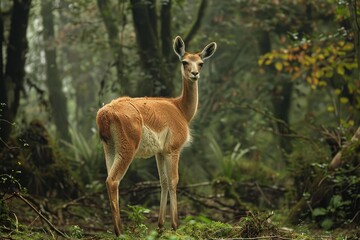 Fototapeta premium Taruca standing in a misty forest looking around