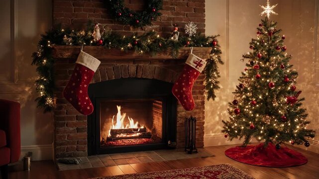 Cozy Christmas scene with fireplace and tree