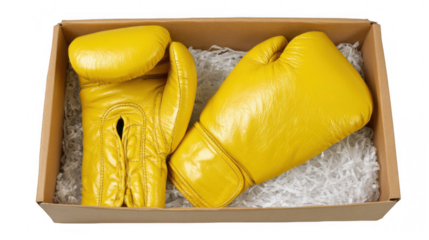 White boxing gloves are neatly placed inside an open box, set against a transparent background, ready for immediate use in training or competition