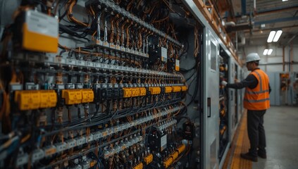 an electrician inspecting electrical equipment. The scene showcases an electrician examining the complex wiring and components of an electrical panel in an industrial setting.
