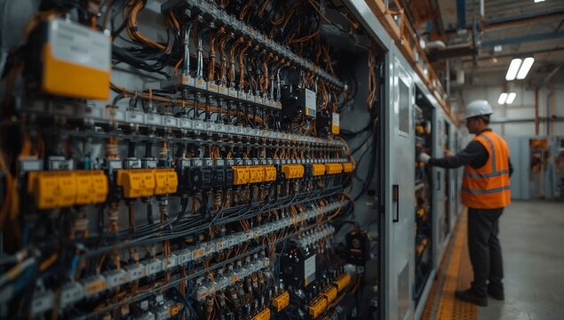 an electrician inspecting electrical equipment. The scene showcases an electrician examining the complex wiring and components of an electrical panel in an industrial setting. - Powered by Adobe