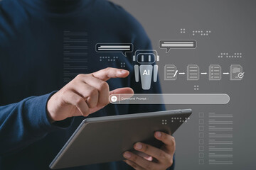 Person using tablet with AI assistant interface. Concept of artificial intelligence, chatbot, prompt command, workflow automation, digital productivity, and smart technology for business solutions.