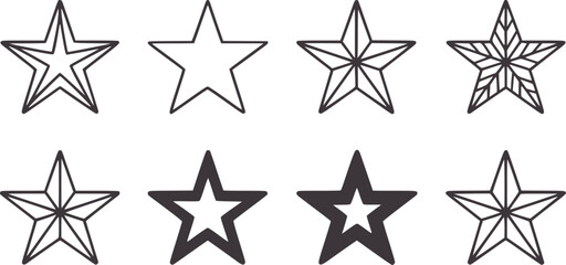 Obraz premium Eight geometric star shapes in outline and filled styles