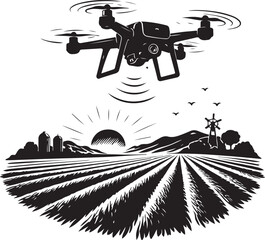 A silhouette of drone flying over field, aerial technology, vector art
