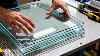 Artisan hands layering acrylic panels for impactresistant glass demonstrating careful alignment and bonding in a controlled production facility.