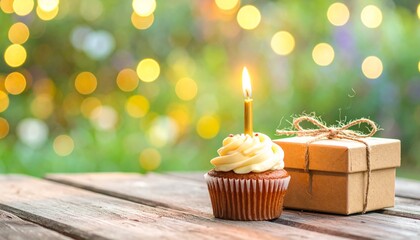 A candlelit cupcake and a gift box sit on a rustic wooden table, bathed in the soft glow of festive bokeh lights, creating a warm ambiance for celebrations