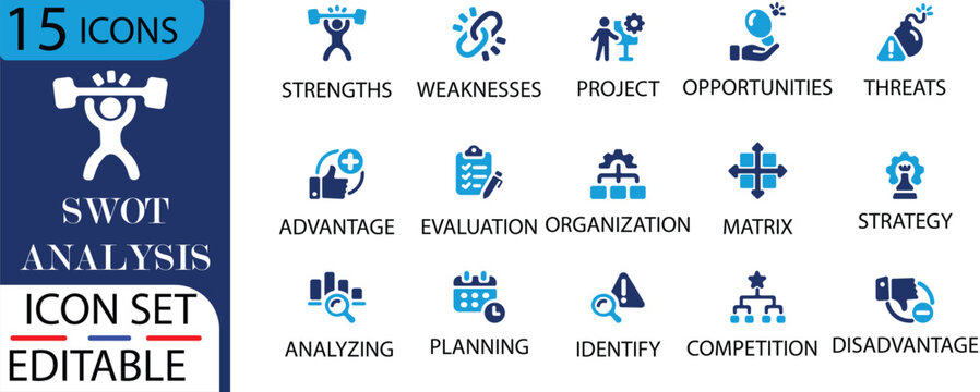 Solid Vector SWOT Analysis Icons for Business Strategy Plans.SWOT, analysis, business, strategy, planning, icons, solid, vector and more.Solid icons collection.