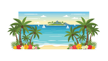 Obraz premium Tropical beach scene with palm trees, turquoise water, and a distant island creates a serene and idyllic vacation atmosphere.