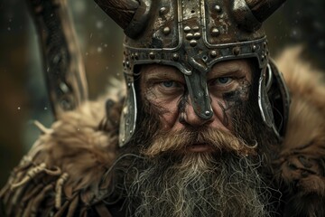 Portrait of a viking warrior king wearing a horned helmet and fur, preparing for battle in a winter forest