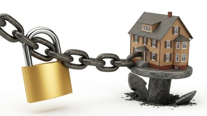 Real estate security A powerful visual of a house chained by a strong padlock, symbolizing property investment, mortgage stability, and asset protection