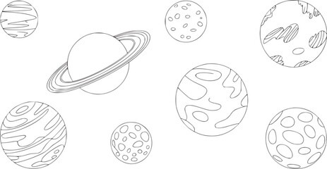 Line of planets and moons in monochrome outline style © Mehedy