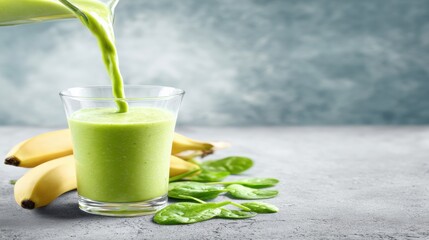 Green spinach smoothie poured into glass with fresh spinach leaves and bananas nearby. Healthy detox drink, plant-based diet, vitamins and wellness lifestyle with copy space