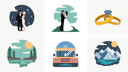 Wedding and travel adventure icons, love and nature concept collection