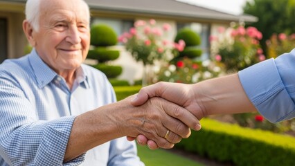 Building trust and secure futures An elderly client finalizes a significant real estate transaction with a firm handshake, symbolizing a successful partnership and agreement