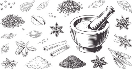 Mortar and pestle with various herbs and spices monochrome
