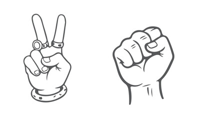 Black and White Outline Drawing of Human Hand Gestures, Conflict and Cooperation.