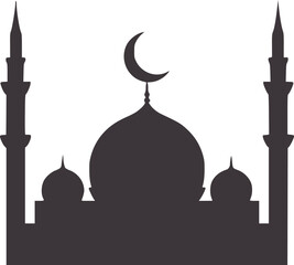 Silhouette of mosque with crescent moon and minarets in monochrome