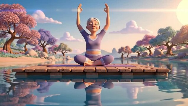 3D character meditating on a floating platform in a tranquil, stylized nature landscape at sunrise