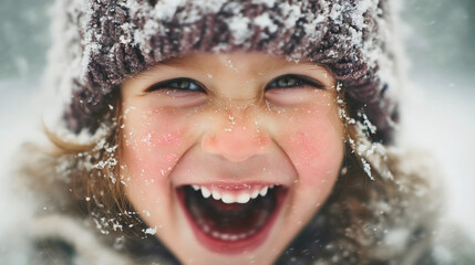 Close-up of a laughing child with rosy cheeks in winter, a happy kid face covered in snowflakes, cold weather portrait, healthy lifestyle concept.