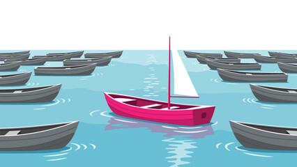 A vibrant pink sailboat confidently navigates through a sea of gray rowboats, symbolizing individuality and standing out from the crowd.