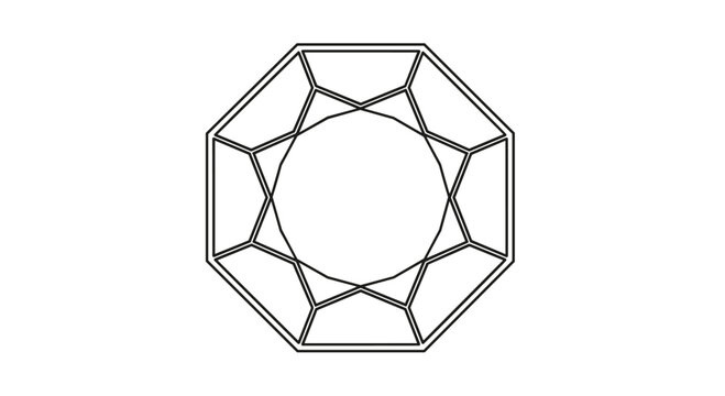 Geometric line art illustration shows a top view of a faceted octagonal diamond or gemstone emphasizing symmetry and jewelry design.