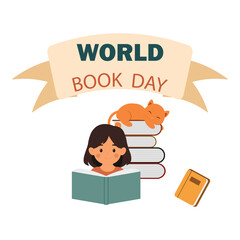 A cute banner with a girl and a cat. A ribbon with a lettering for Book Day.