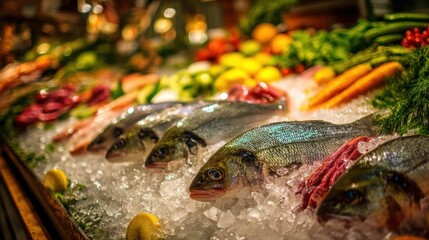 Fresh whole sea bass and produce displayed on crushed ice