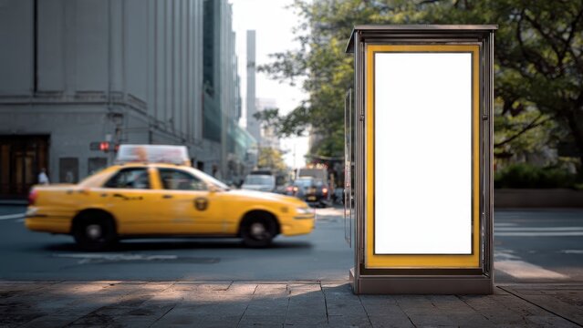 Outdoor advertising mockup: Vertical blank billboard (City Light Poster) on an urban sidewalk with a blurred yellow taxi cab moving past in the background, perfect for OOH campaigns.