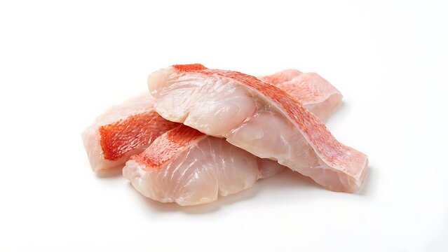 Freshly cut raw red snapper fillets with vibrant pink skin resting on a clean white background ready for gourmet cooking preparation