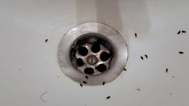 Fixed overhead video of the sink drain surrounded by tiny flies