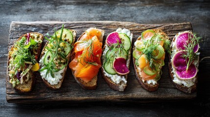 Gourmet bruschetta assortment resting on a rustic wooden board